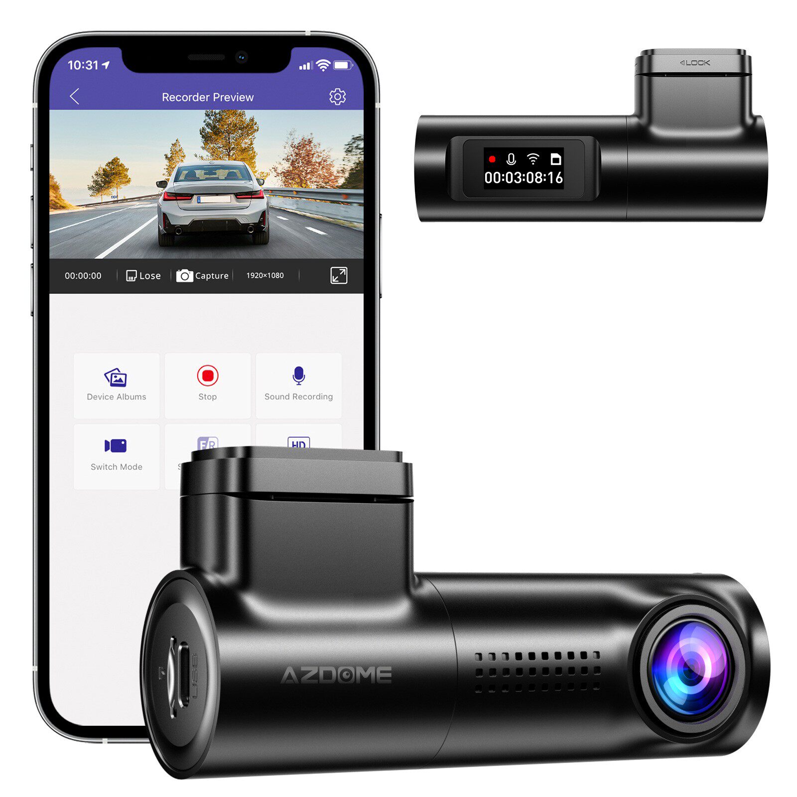 AZDOME汽车行车记录仪1080P高清广角可旋转WIFI手机互联停车监控