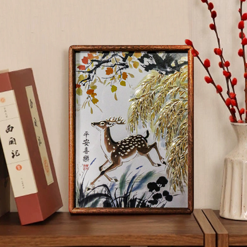 铜艺世家梅花鹿铜雕画桌面摆件手工錾刻平安喜乐福鹿装饰画摆台图片