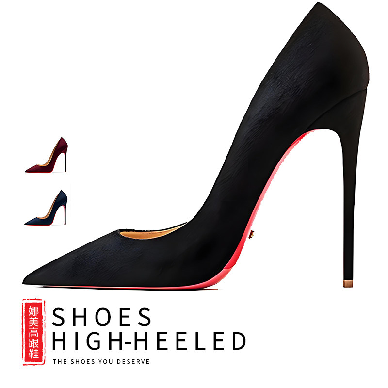 时尚名媛淑女2023红底高跟鞋绒面12cm细跟高级感尖头浅口黑色单鞋