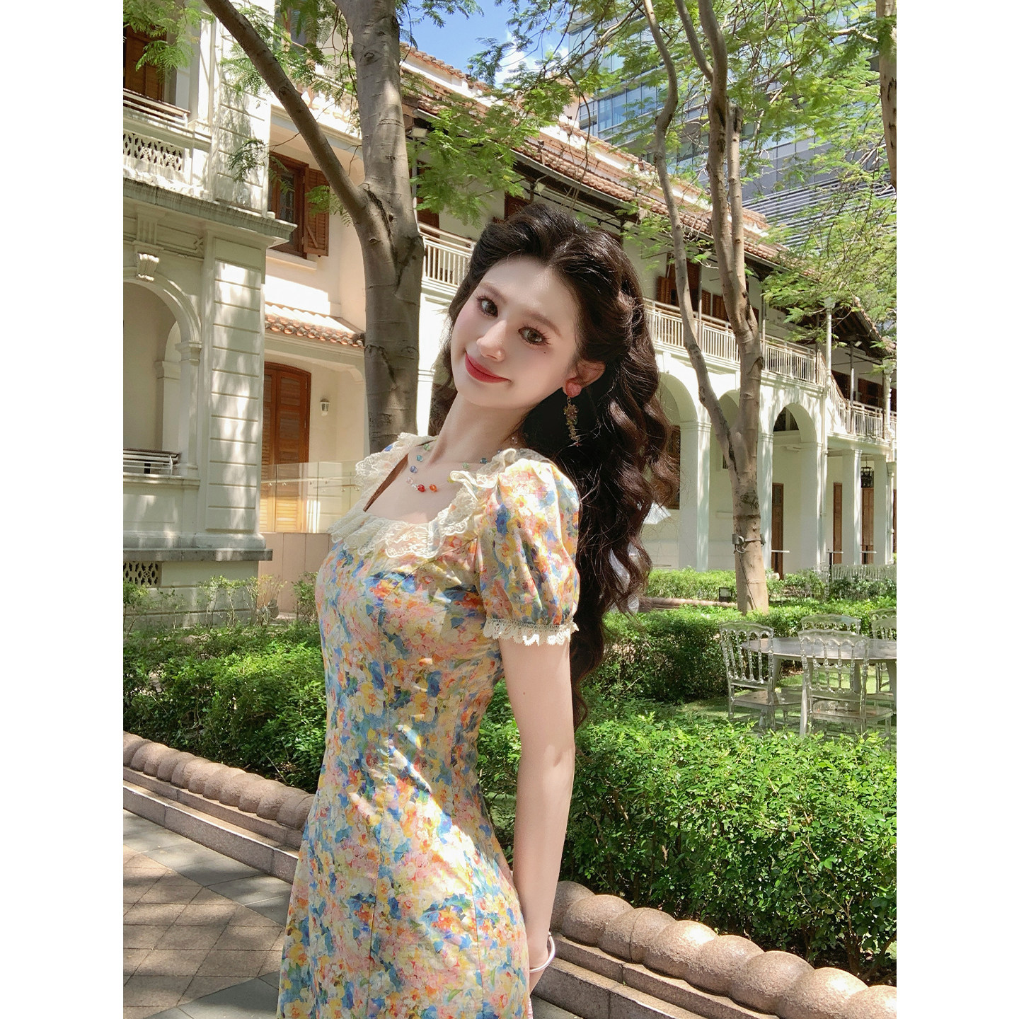 清 一生罗曼【夏日繁花】法式复古碎花连衣裙裙女夏蕾丝显瘦长裙
