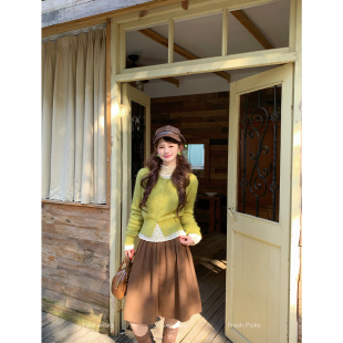 一生罗曼【小彩豆】法式复古毛绒兔毛针织毛衣女秋冬圆领修身开衫