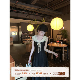 一生罗曼【苏黎世】法式复古蕾丝连衣裙女夏系带蝴蝶结显瘦长裙
