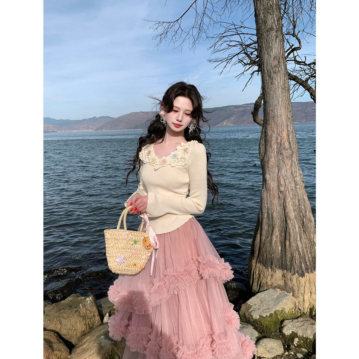 现货一生罗曼【香草蛋糕】法式高级感针织上衣女春秋花朵蕾丝T恤