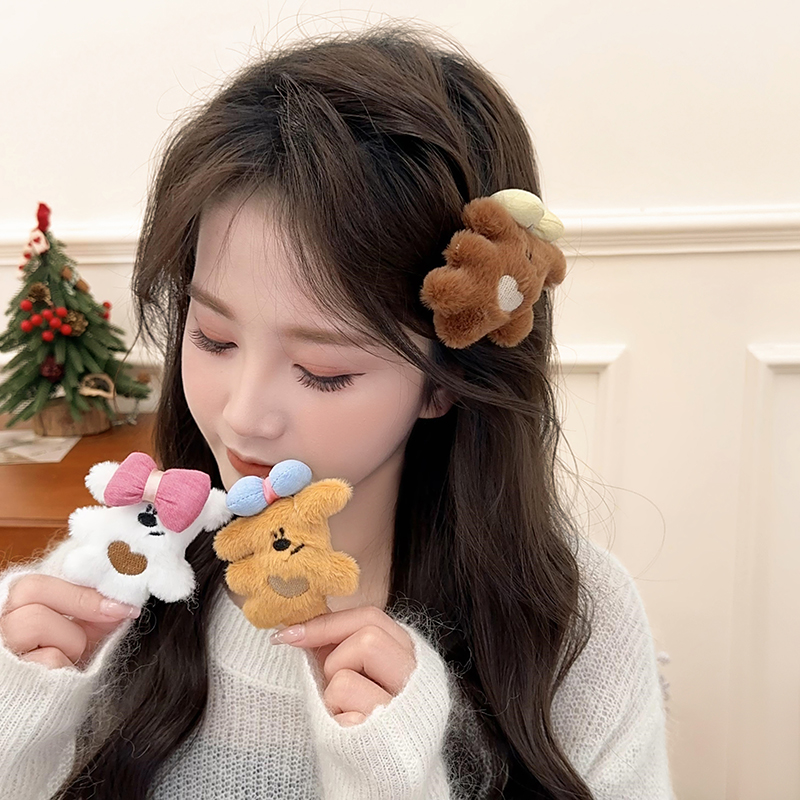 可爱蝴蝶结小熊毛绒发夹女秋冬侧边刘海夹发卡甜美卡通bb夹子头饰