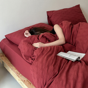 简约轻奢风 婚庆红色结婚四件套纯棉新婚高级感提花全棉床上用品