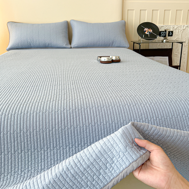 纯棉砂洗夹棉床盖三件套双面全棉