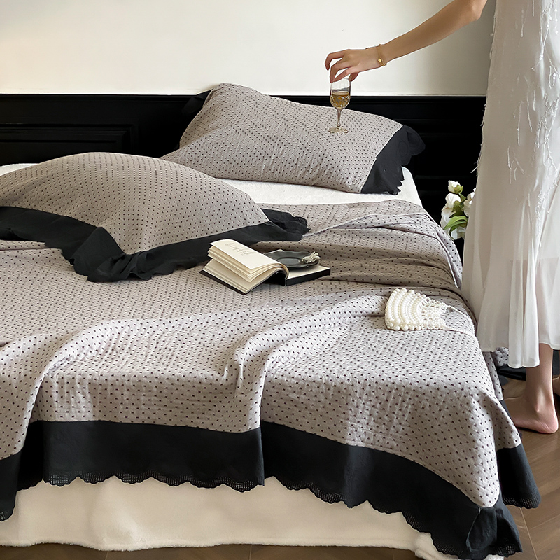 提花三层全棉纱布床盖三件套花边