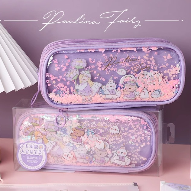 晨光宝琳娜花仙子大容量笔袋小学女生粉紫色多层高颜值铅笔收纳袋卡通多功能耐脏闪亮流沙文具袋贴纸可diy
