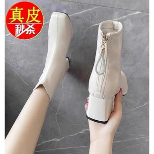 粗跟方头瘦瘦靴马丁靴 清仓真皮高跟短靴女2024秋冬新款 品牌鞋 特价