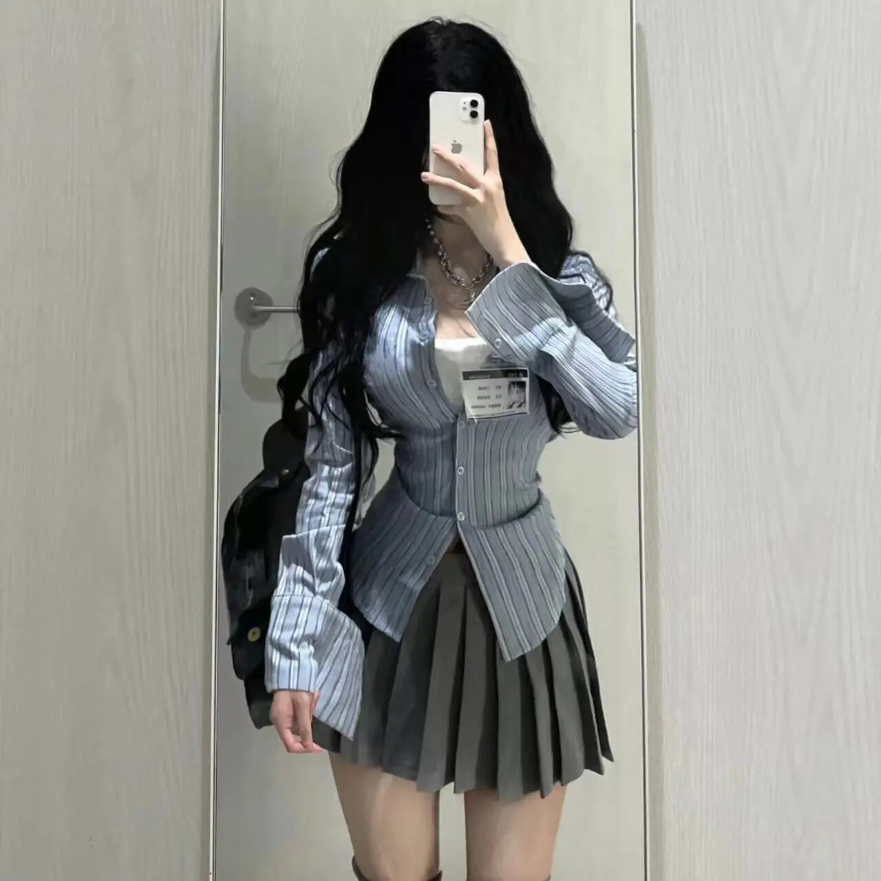春季新款学院辣妹条纹衬衫气质收腰显瘦长袖上衣高腰百褶短裙套装