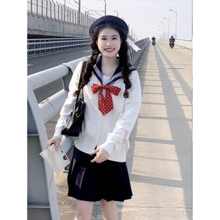 日系学院风JK制服V领针织白色开衫毛衣叠穿衬衫百搭绀Jk裙一整套