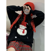 甜美日系复古提花学生毛茸茸宽松针织衫 上衣秋冬新款 圣诞雪人毛衣