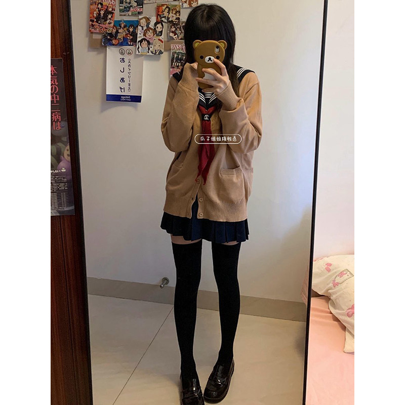 棕色V领开衫针织外套叠穿衬衫学院风穿搭绀Jk裙校供感JK制服套装