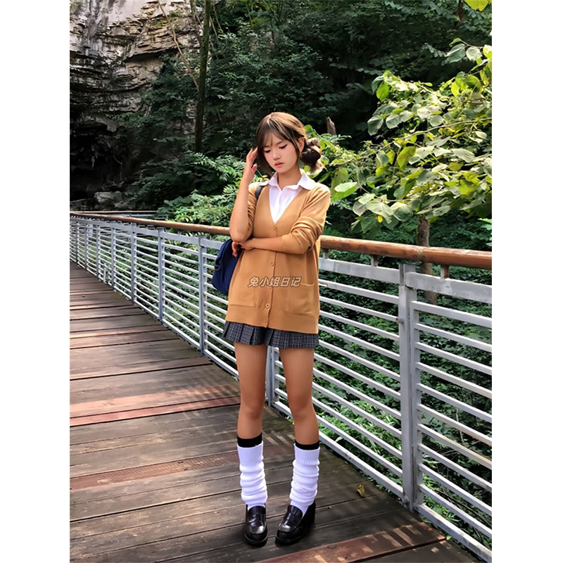 日系学院风穿搭校供感针织开衫长袖宽松基础款JK制服纯色百搭毛衣