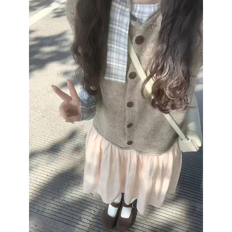 针织开衫复古背心蝴蝶结格纹圆领衬衫马甲毛衣宽松女学生单件套装