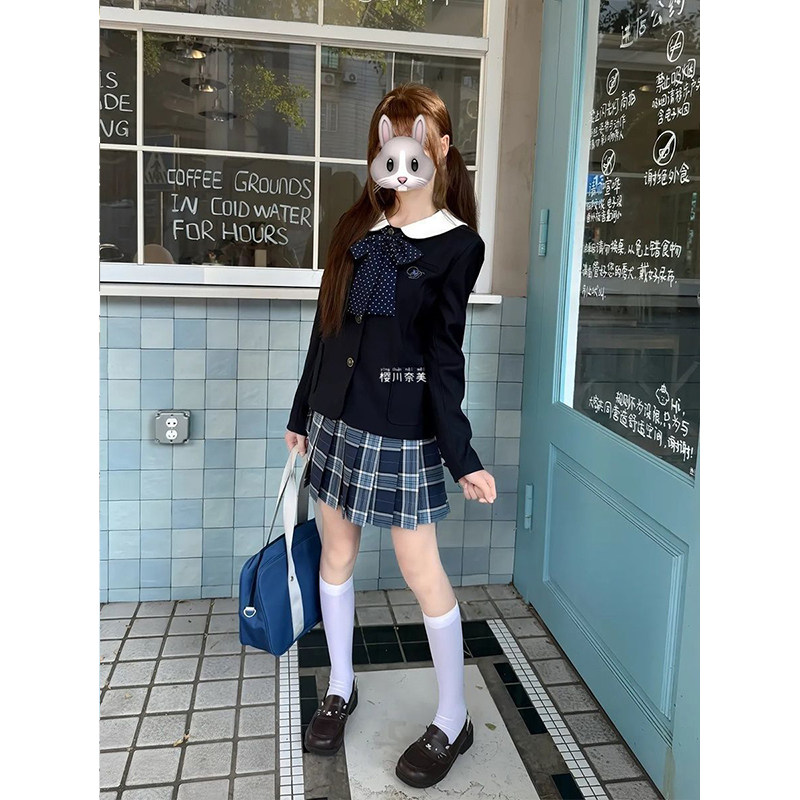 校供学院长袖秋冬日系甜美JK小圆领西服制服短款西装外套长裙套装