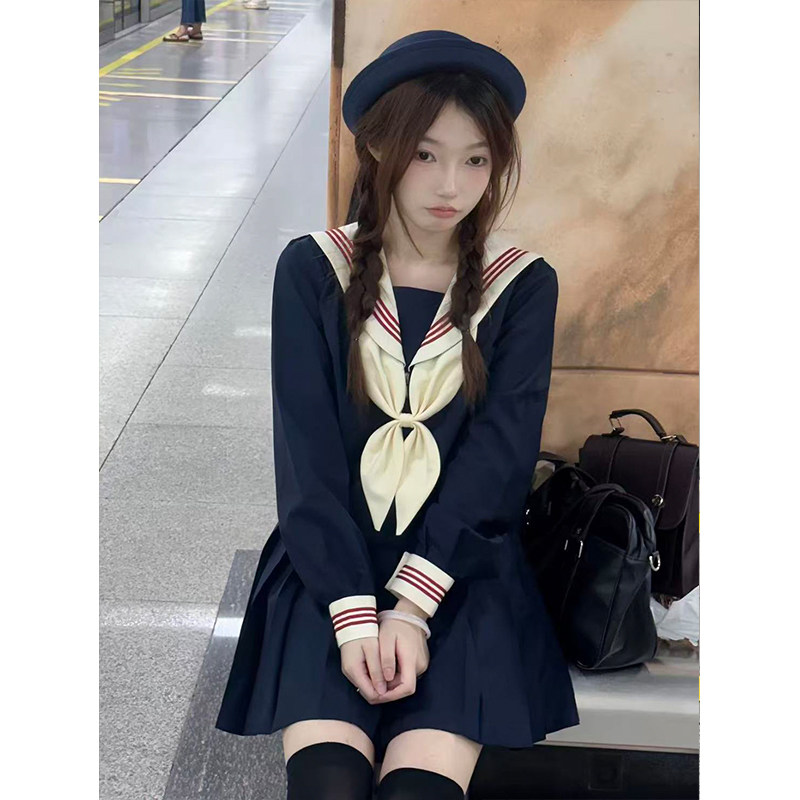 原创jk制服套装日系中间服米黄领长短袖衬衫水手服绀JK短裙一整套