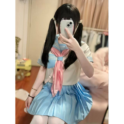 中间水手服学院风穿搭黄色浅蓝短袖衬衫JK短裙多巴胺夏季新款套装