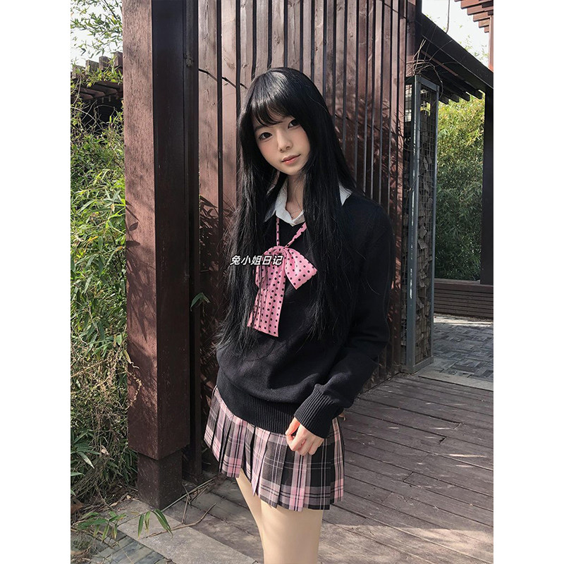 秋冬日系针织衫毛衣JK制服外套上衣软妹叠穿长袖基础衬衫格裙套装