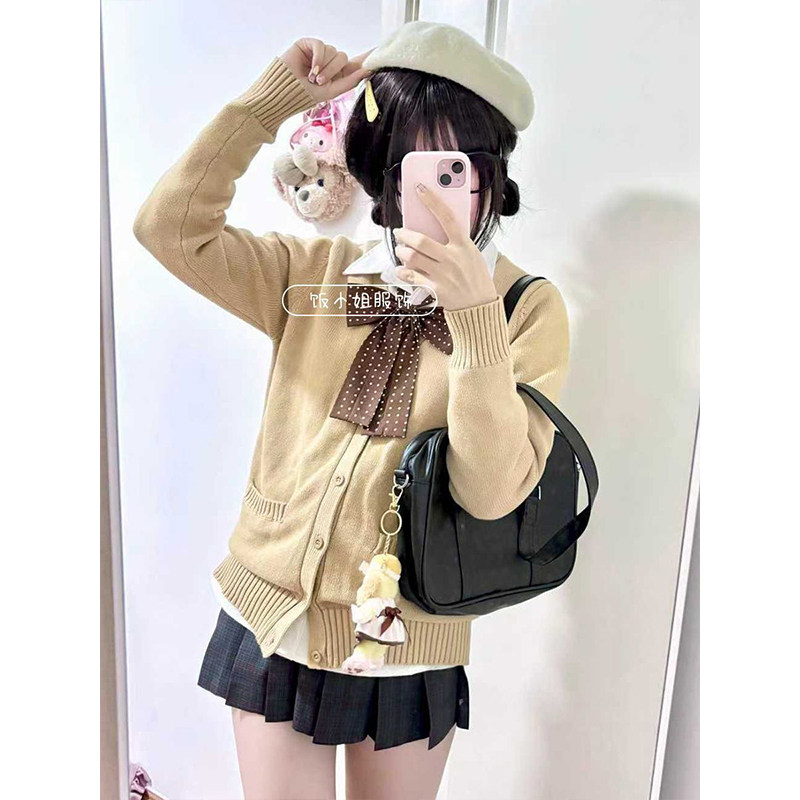 软妹秋冬JK制服日系咖色开衫毛衣叠穿可爱原创棕格百褶裙时尚套装