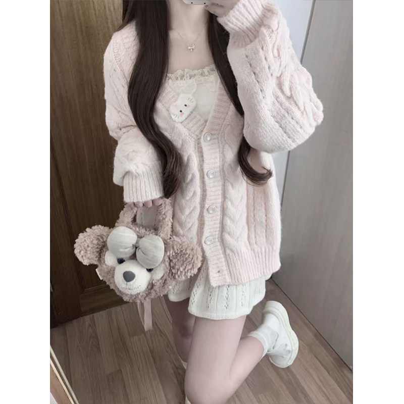 粉色毛衣开衫长袖秋冬新品温柔少女春季甜美宽松慵懒麻花针织外套