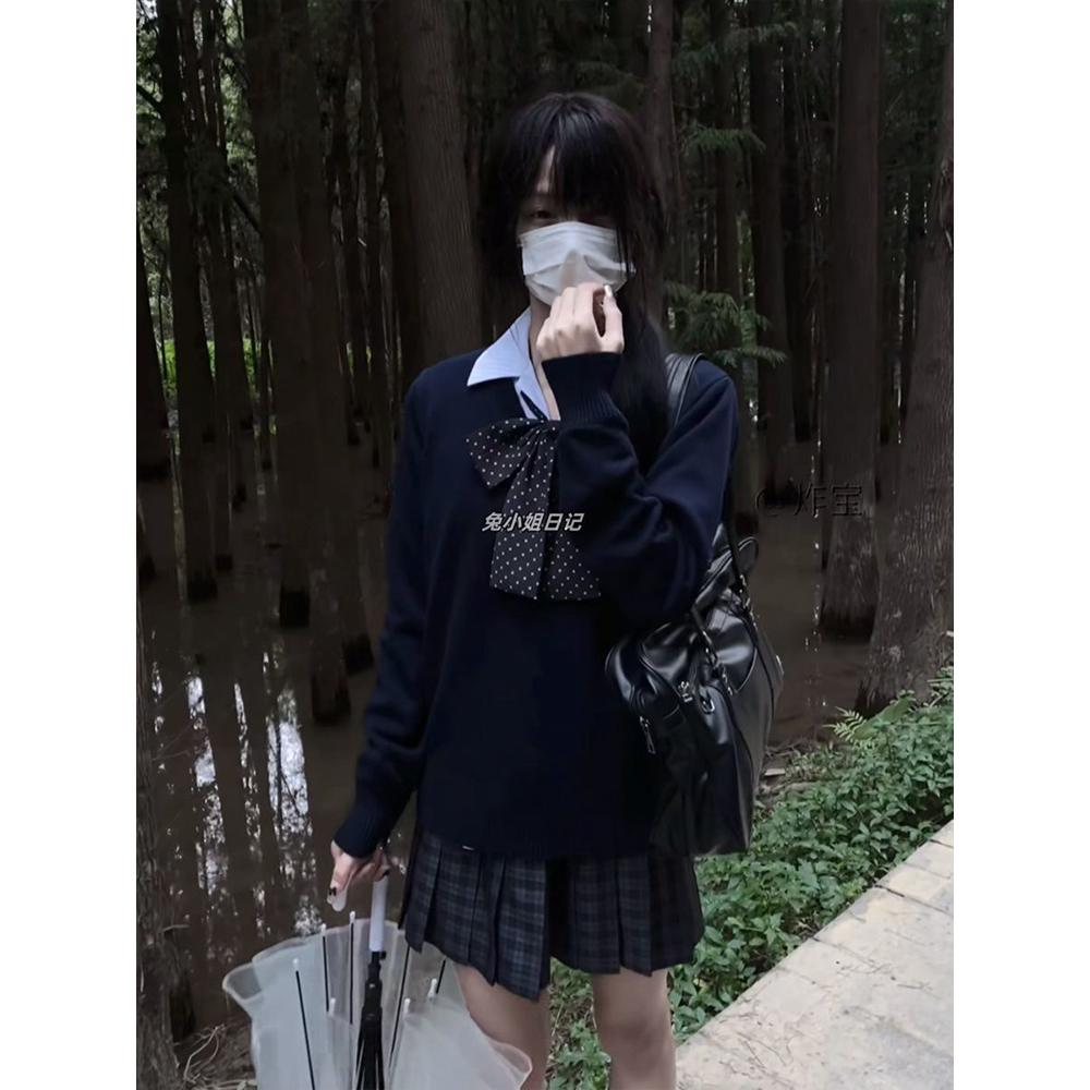 软妹秋冬JK叠穿针织衫基础款长袖毛衣制服套装玄格裙日系校供感