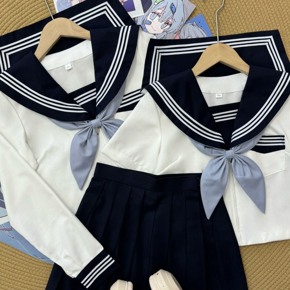 原创jk制服夏季款水手服新款黑领白长短袖衬衫上衣中间服黑色JK裙