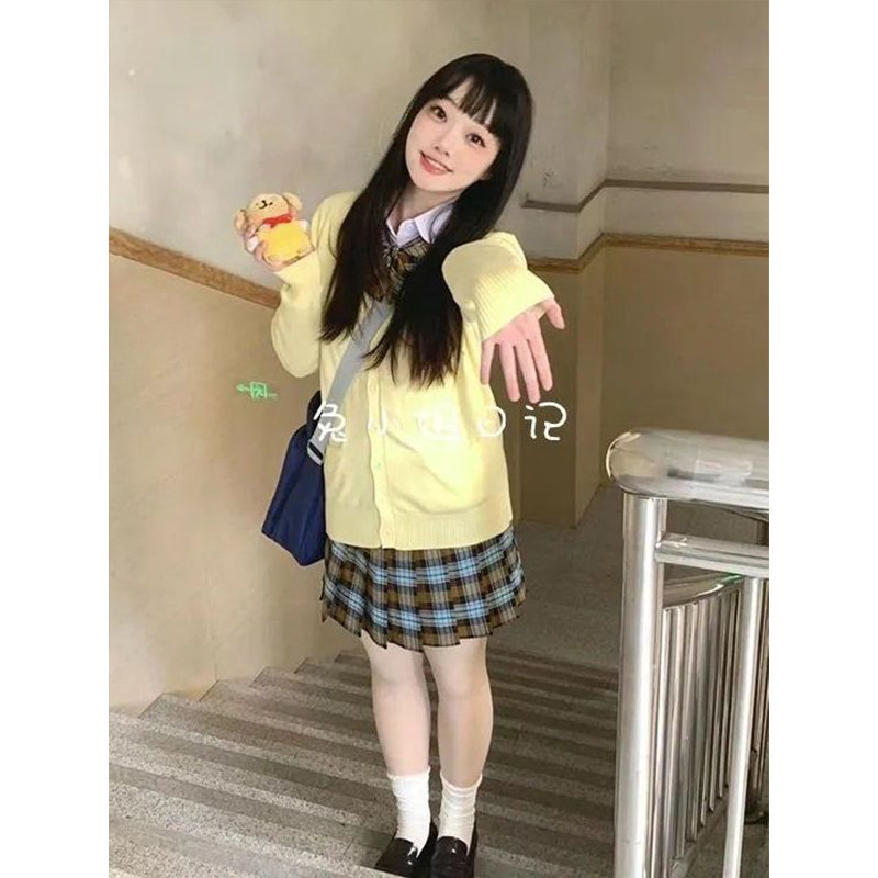 JK制服黄色针织开衫外套基础款叠穿长袖衬衫百搭秋刀鱼裙原创套装