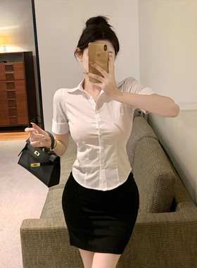 性感纯欲风修身白色衬衫包臀裙女夏短袖职业套装工作服OL制服套装