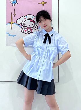 夏日设计感蓝色娃娃衫新款褶皱宽松衬衫别致上衣百搭短裙子两件套