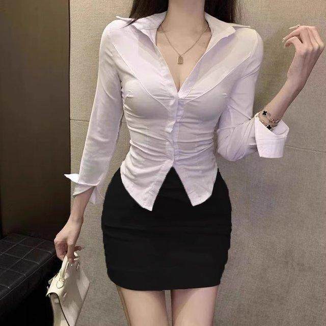 性感修身收腰白衬衫套装秘书OL制服技师足浴台球电竞网咖工作服女
