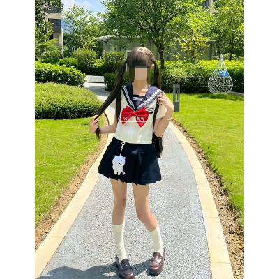 学院风穿搭绀领短袖衬衫水手服JK裙甜美清新原创绀领夏款百搭套装