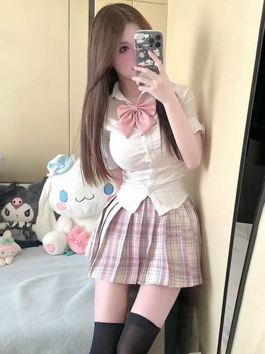 辣妹学院风甜美jk制服套装夏新款短袖修身收腰白色衬衫纯欲风上衣
