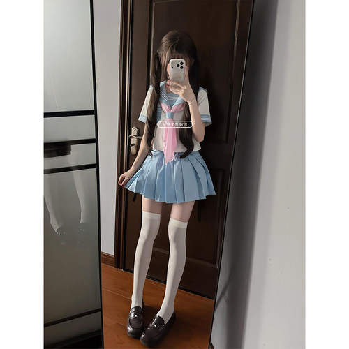 甜嗑原创正版浅蓝浅粉jk制服女日系学院水手服短袖套装学院风