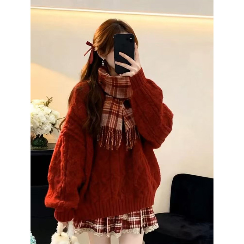 秋冬季高级感小香风毛衣套装新年穿搭韩系格纹红色连衣裙子套装女,女装/女士精品,时尚套装,淘宝优惠券,粉丝福利购,淘宝优惠卷