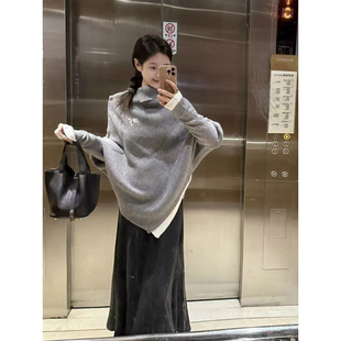 不规则灰色高领斗篷针织毛衣 单 穿搭秋冬季 美式 半身裙两件套 套装