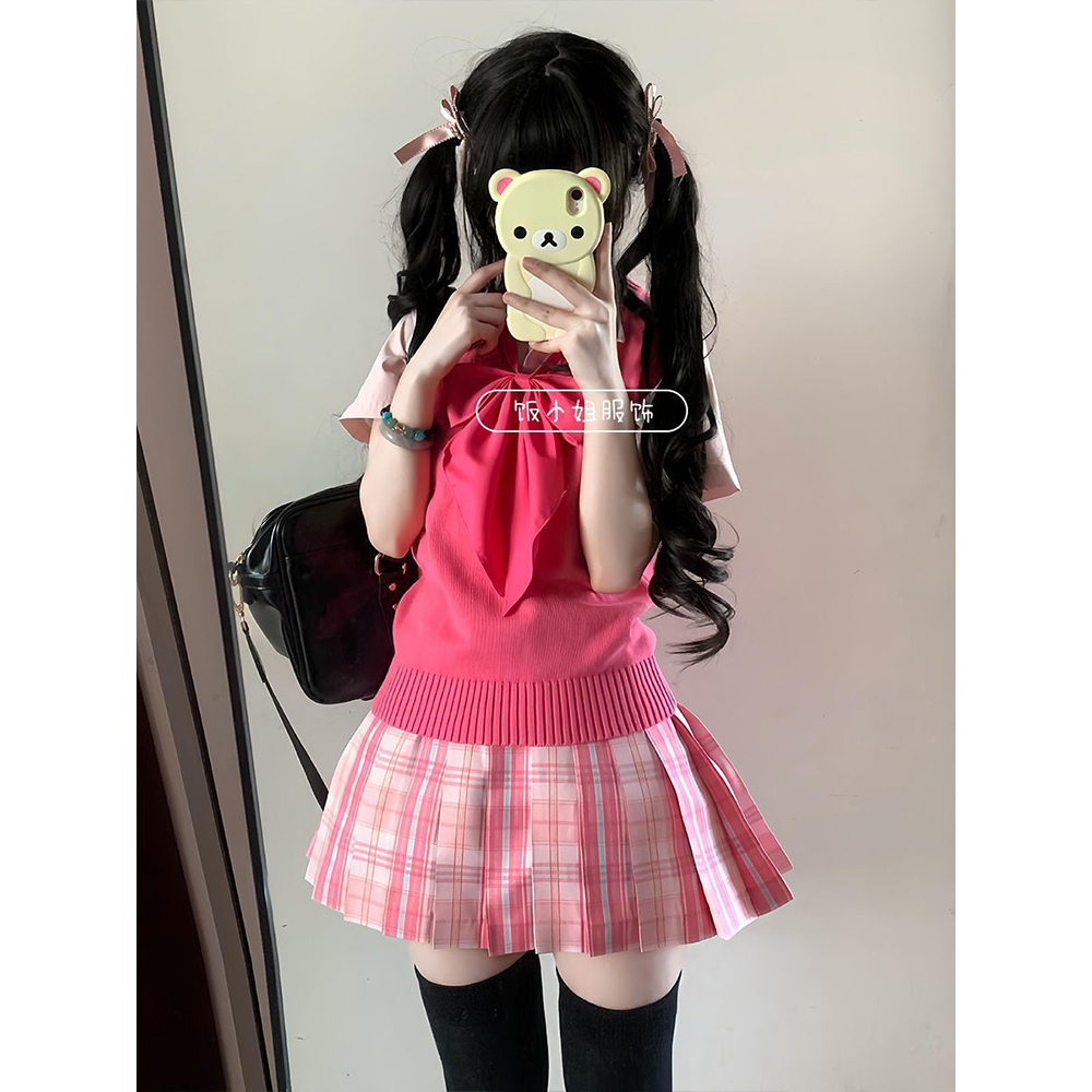 原创JK制服日系背心马甲针织衫糖果格裙套装学院短裙衬衫上衣女