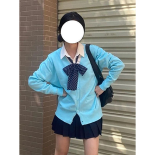 校供感绿色针织衫V领开衫外套女百搭短裙绀色JK裙JK制服原创正版