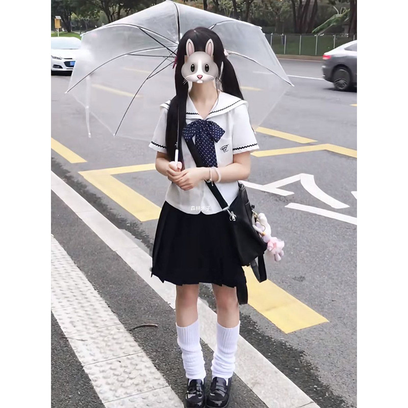 夏季基础学院原创日系校供短款水手服jk制服短袖刺绣上衣短裙套装