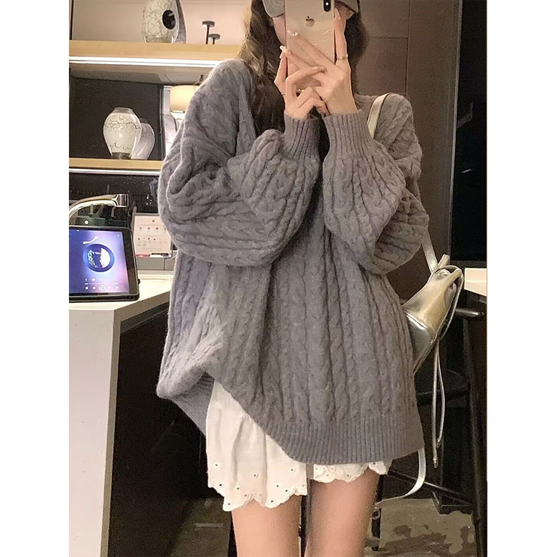 学生复古加厚慵懒麻花毛衣灰色秋冬韩版新款百搭宽松针织衫上衣