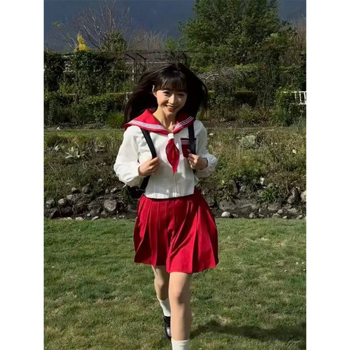 学院风红三本长短袖衬衫水手服中间服百搭红JK短裙原创2026夏季款