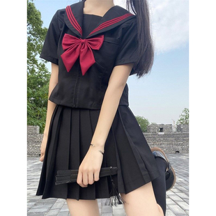 原创JK制服赤三本水手服长短袖衬衫小众基础款百搭黑色JK短裙套装