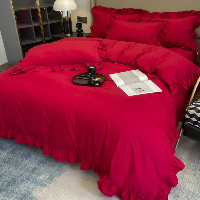 大红色婚庆四件套结婚床上用品水洗棉被套床单中式喜庆新婚房陪嫁