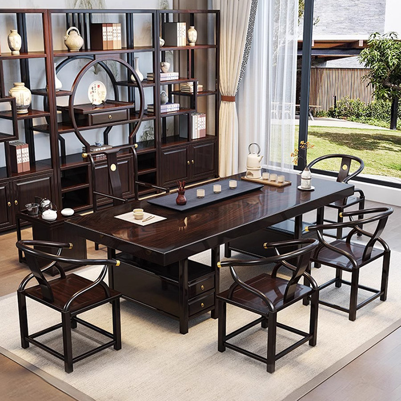 实木大板茶桌椅组合一桌五椅办公室泡茶具套装一体新中式禅意茶台