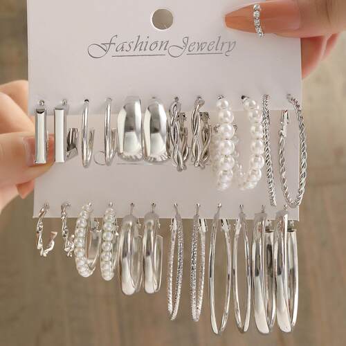 silver earrings set 银色耳环套组欧美镶嵌珍珠耳环圆圈简约耳圈