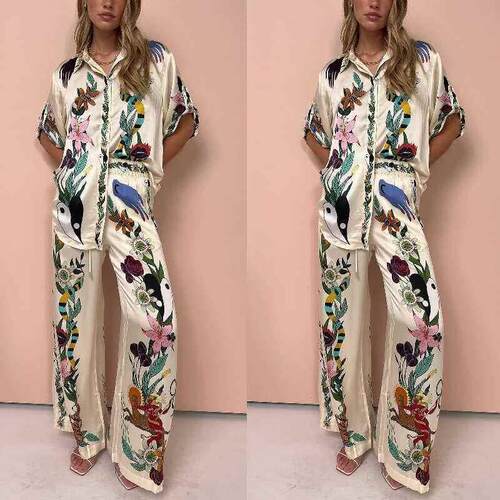 Printed satin short sleeved shirt+pants two-piece set 套装