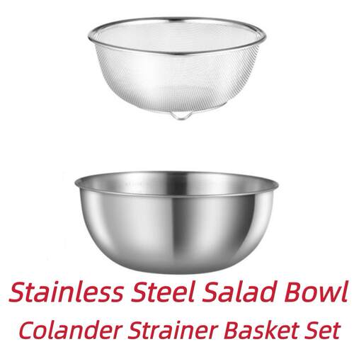 Salad Bowl Strainer Basket Set Stainless Steel Mixing Bowl