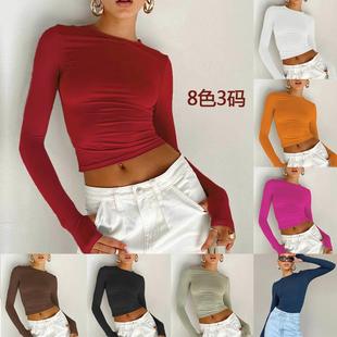 neck sleeved Long top shirt Round