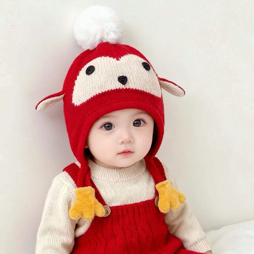 红色毛线帽婴儿可爱企鹅护耳新款