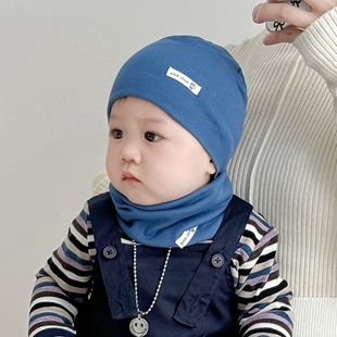 婴儿帽子春秋保暖纯棉新生儿双层围脖两件套幼儿男女宝宝秋冬套装